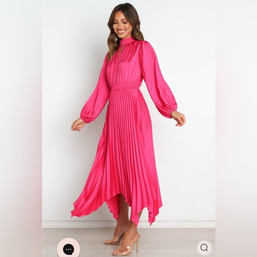 Petal & Pup Pleated Long Sleeve Midi Semi Formal Pink Satin Cocktail Dress US 8